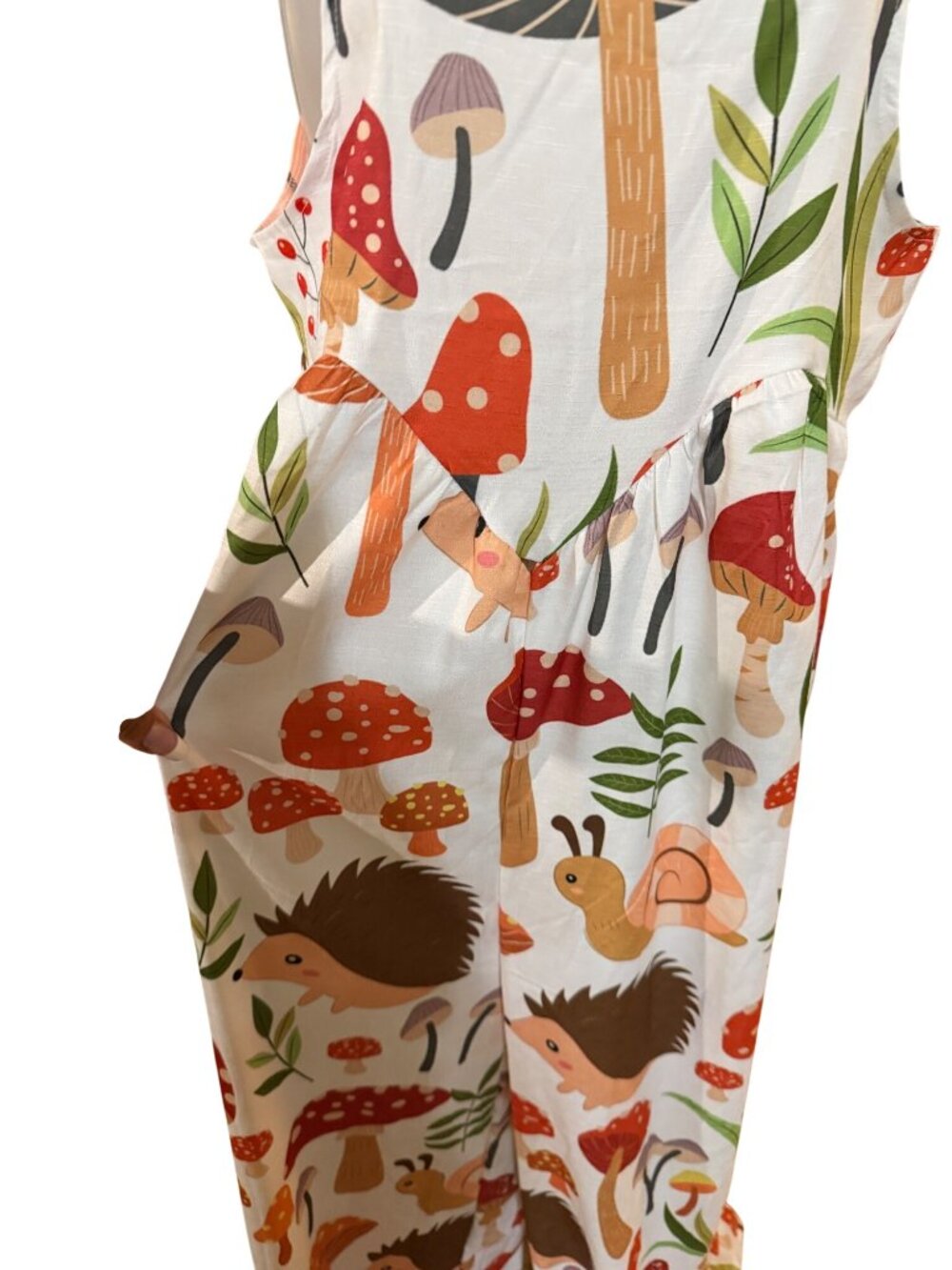 Mushroom & Hedgehog Print Sleeveless Jumpsuit With Adjustable Straps Cottagecore - Picture 2 of 6
